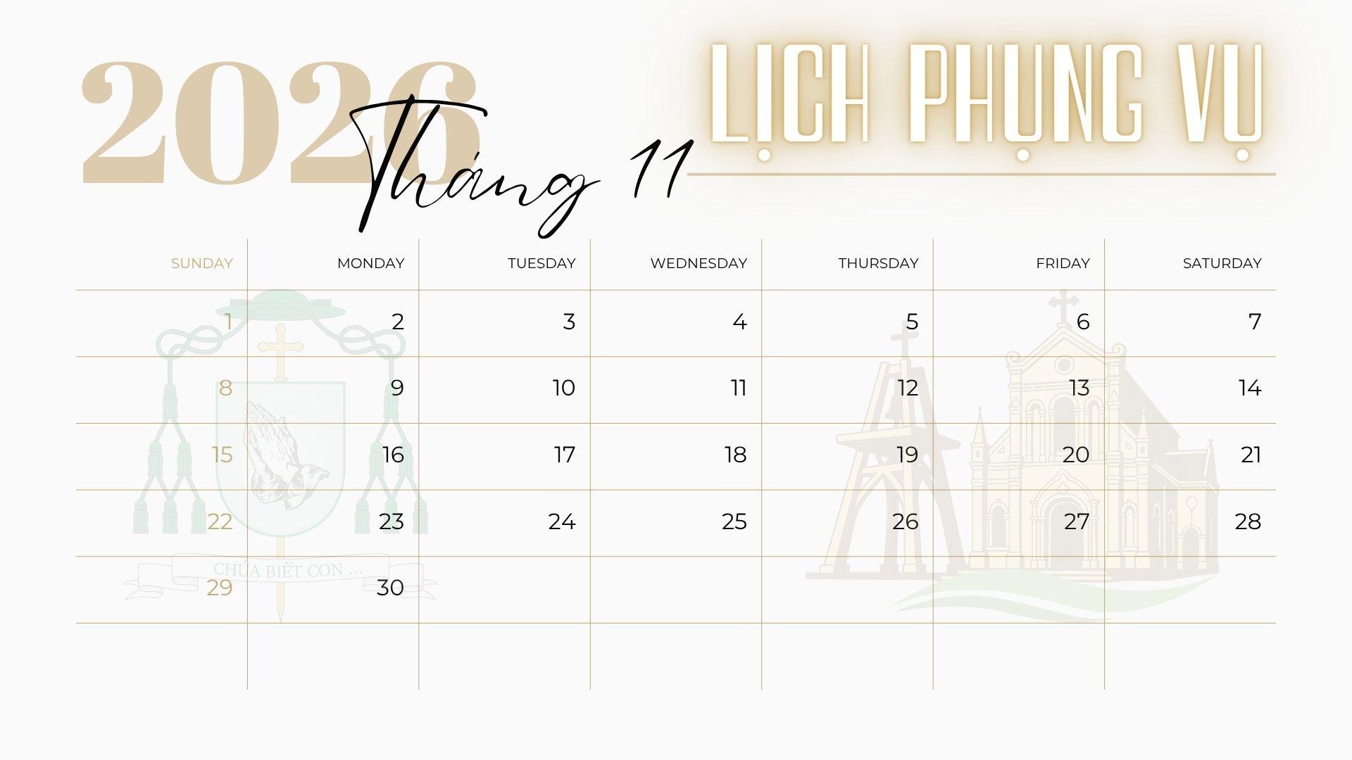Lịch phụng vụ tháng 11 năm 2026 | Giáo phận Cần Thơ