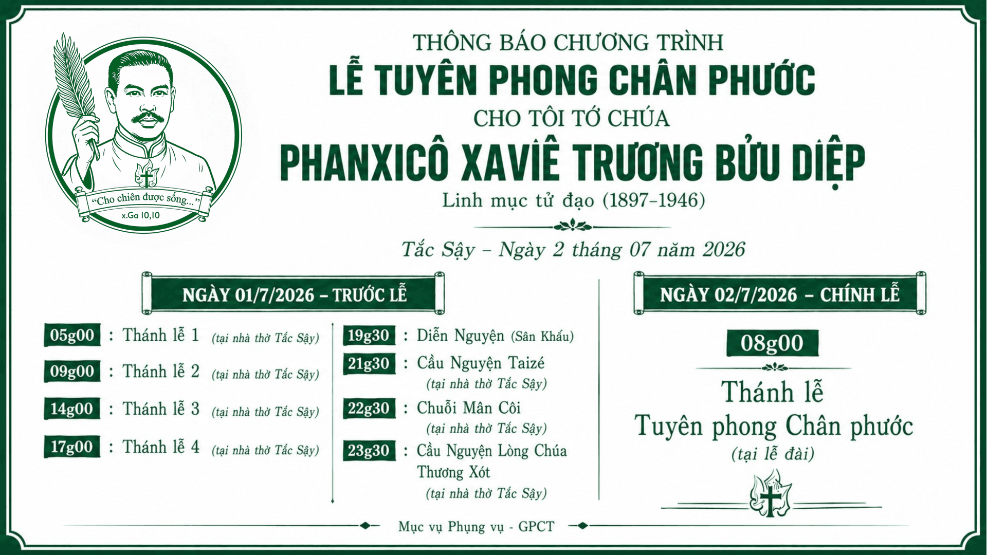 Các giờ cử hành Phụng vụ ngày lễ Tuyên phong Chân phước cho Tôi tớ Chúa Phanxicô Xaviê Trương Bửu Diệp