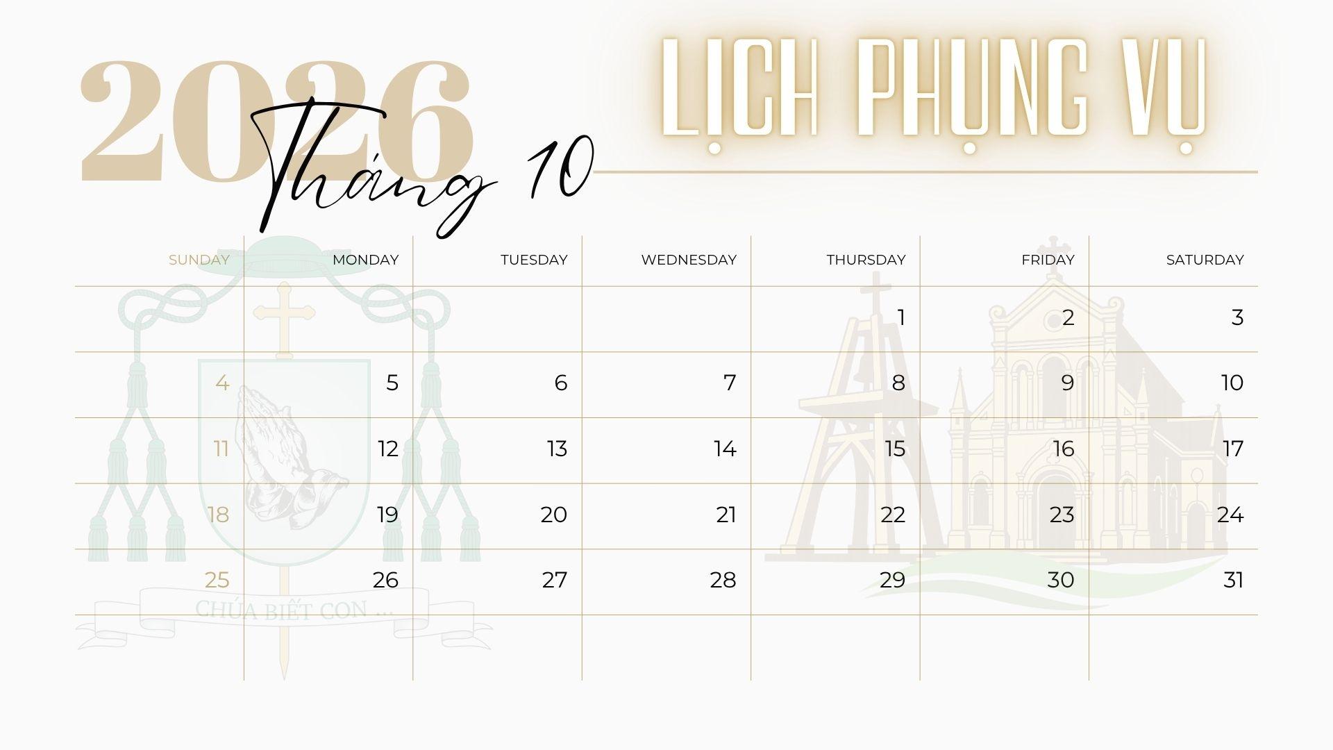Lịch phụng vụ tháng 10 năm 2026 | Giáo phận Cần Thơ