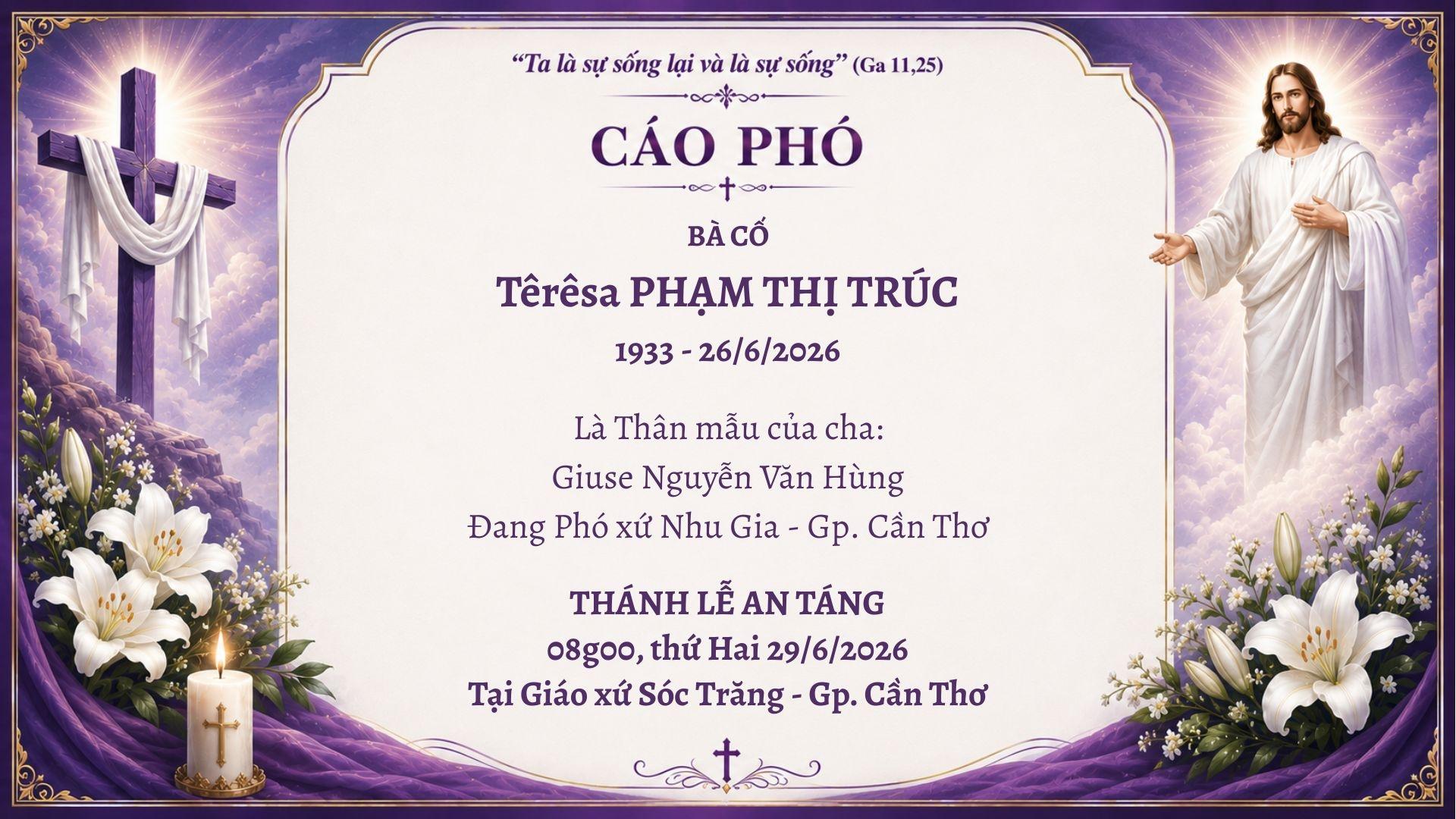 Cáo phó | Bà Cố Têrêsa PHẠM THỊ TRÚC